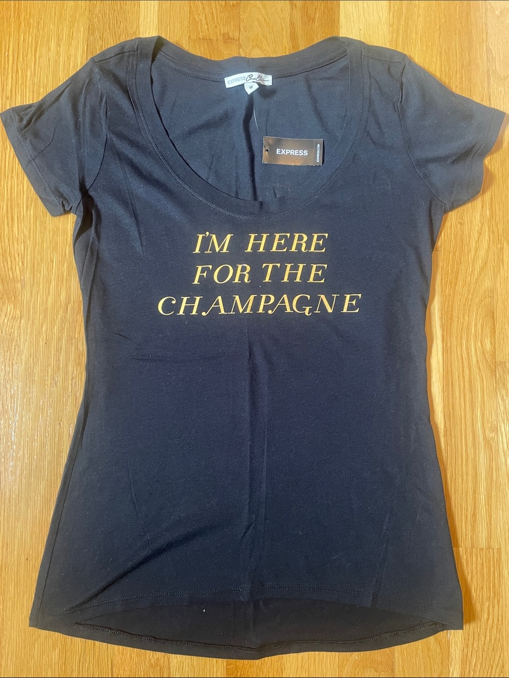 NWT New Express One Eleven Here for the Champagne Black Short Sleeve